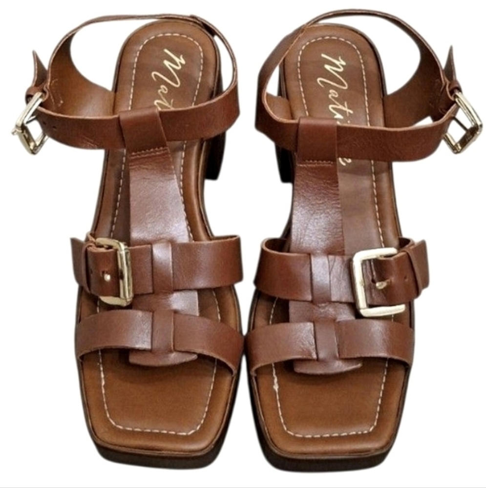 🟤 Matisse Brown Leather "HARRISON" Wood-Heeled Dual Buckle Sandles